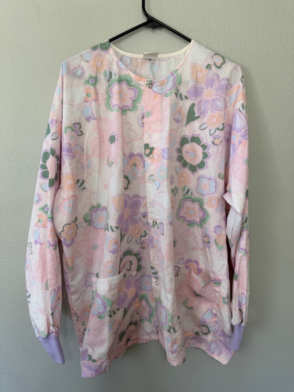 VTG Floral Button Up Scrub Top Front Pockets Lunch Lady Core XL